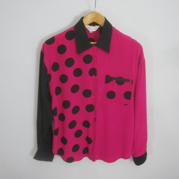 Vtg Sunny Leigh Women M Hot Pink Black Polka Dot Colorblock 100% Silk LS Shirt - Picture 1 of 11